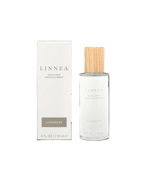 LINNEA room spray in "Cashmere" with packaging on a white background.