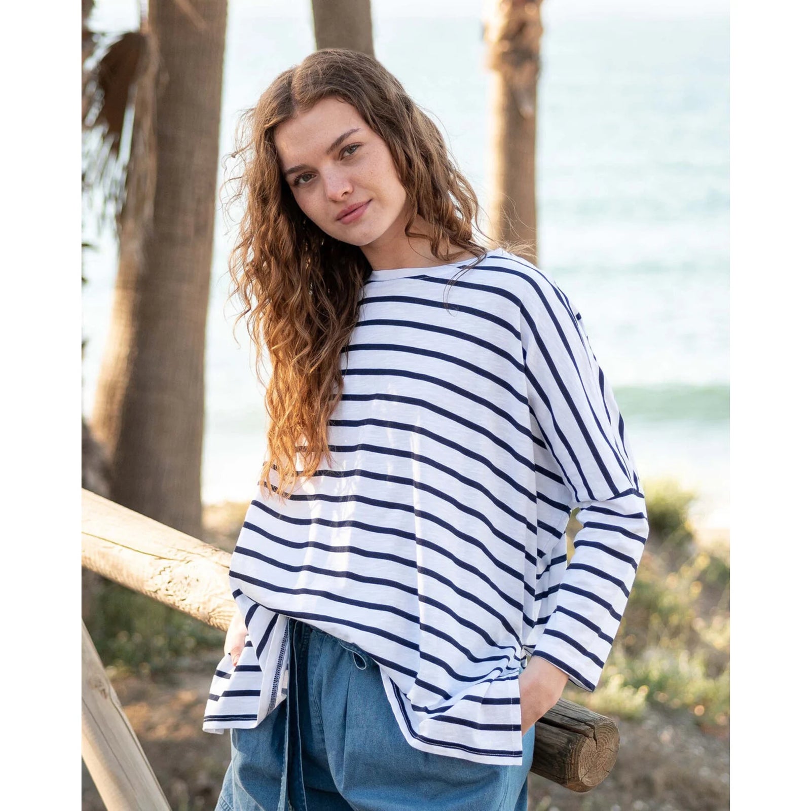 Woman wearing Navy Striped Cataline Slub Tee