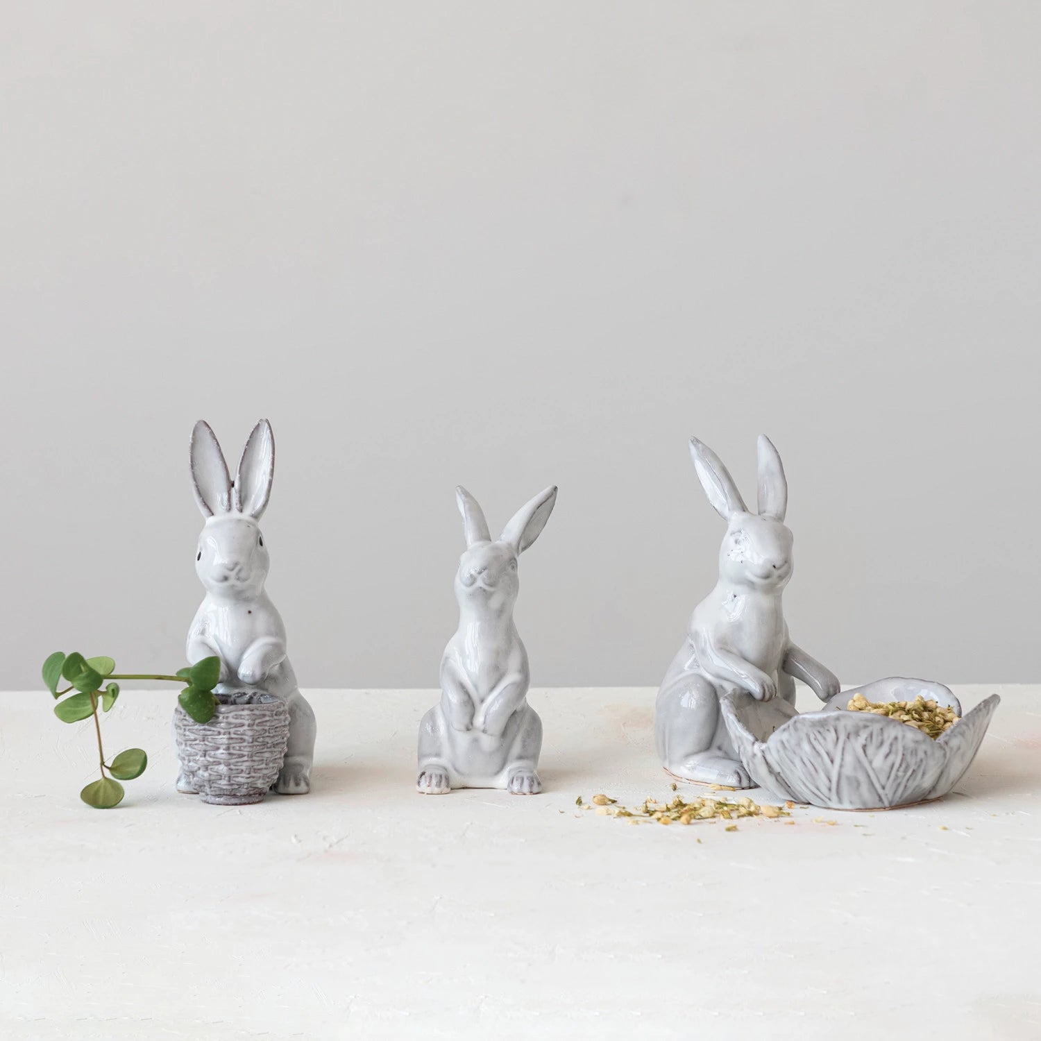 Neutral grey ceramic Peter Rabbit with matching ceramic bowl. Perfect addition to Spring tablescapes and Easter decor. #homedecor. Williams Sonoma