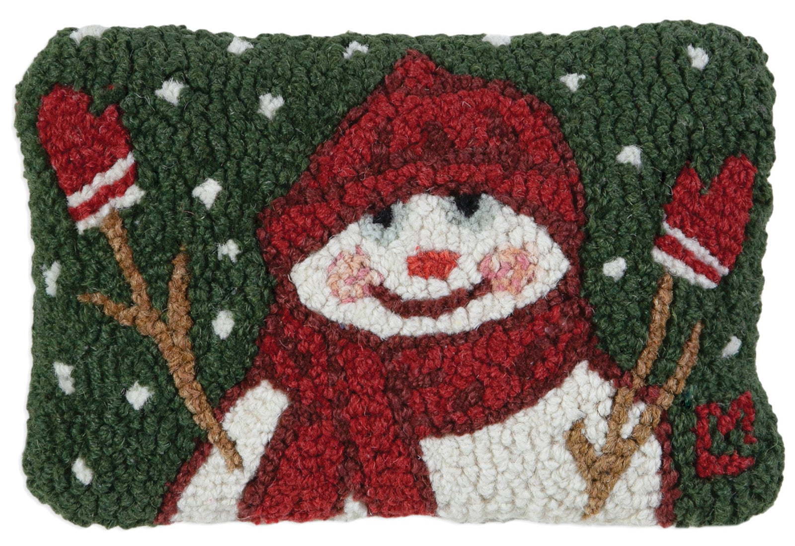 Hand hooked wool pillow depicting a smiling snowman with red scarf and hat, surrounded by greenery and snow.