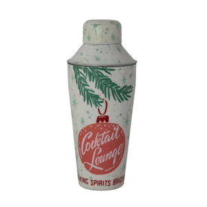 Decorative cocktail shaker with Christmas-themed design on a white background