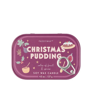 Paddywax Christmas Pudding soy wax candle in a purple rectangular tin with festive illustrations and a silver lid.