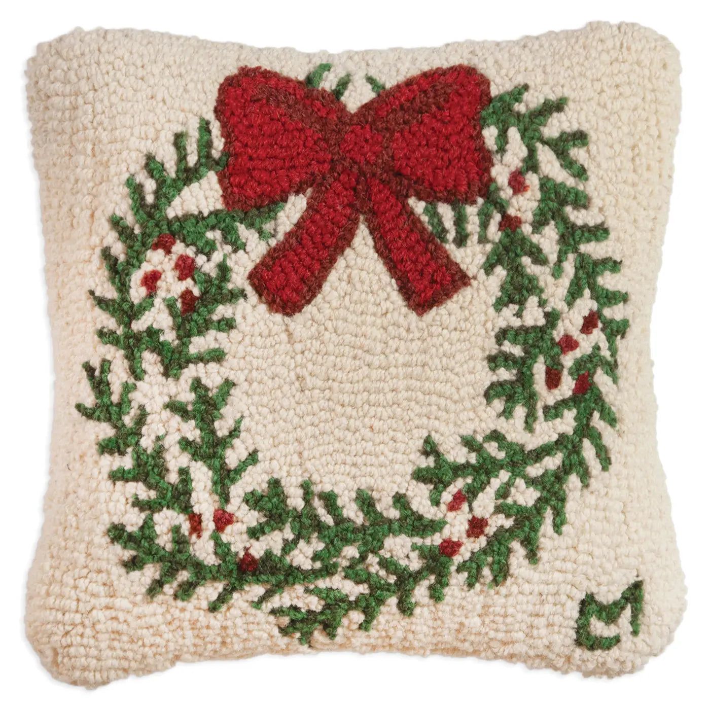 Christmas Wreath Wool Hooked Pillow