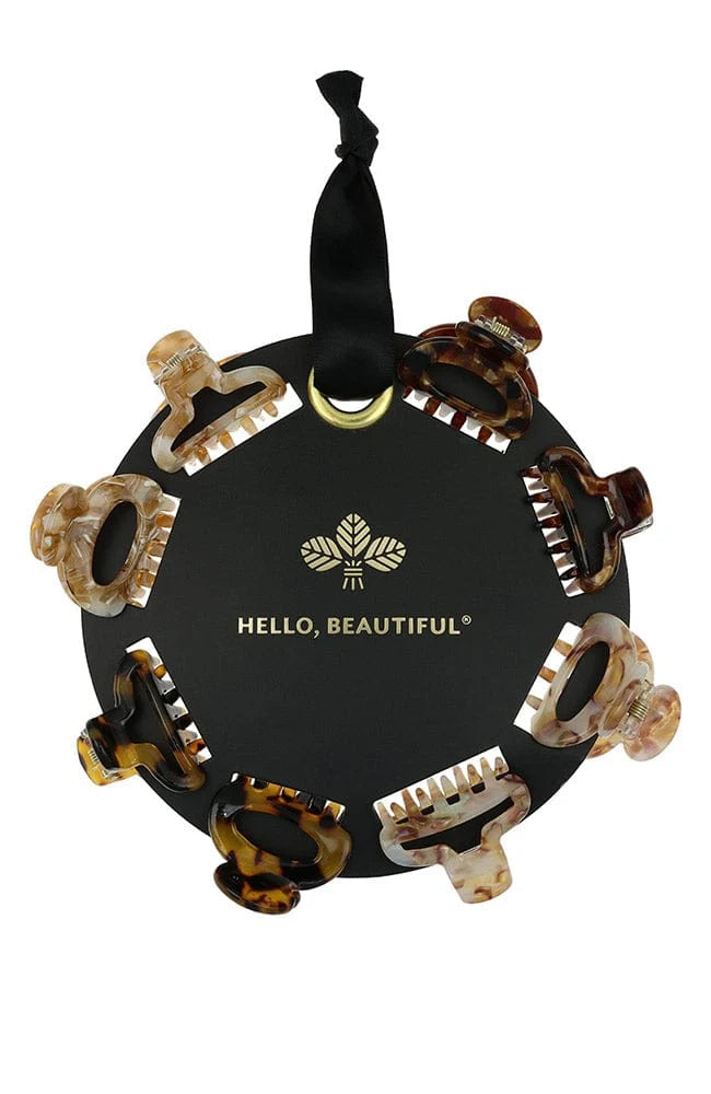 Black hair clip holder with tortoiseshell and gold clips on a white background, featuring 'HELLO, BEAUTIFUL' branding.