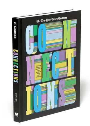 The New York Times Games hardcover book 'Connections' by Vikki Liu, featuring a black cover and spine with large, colorful striped letters spelling 'CONNECTIONS'.