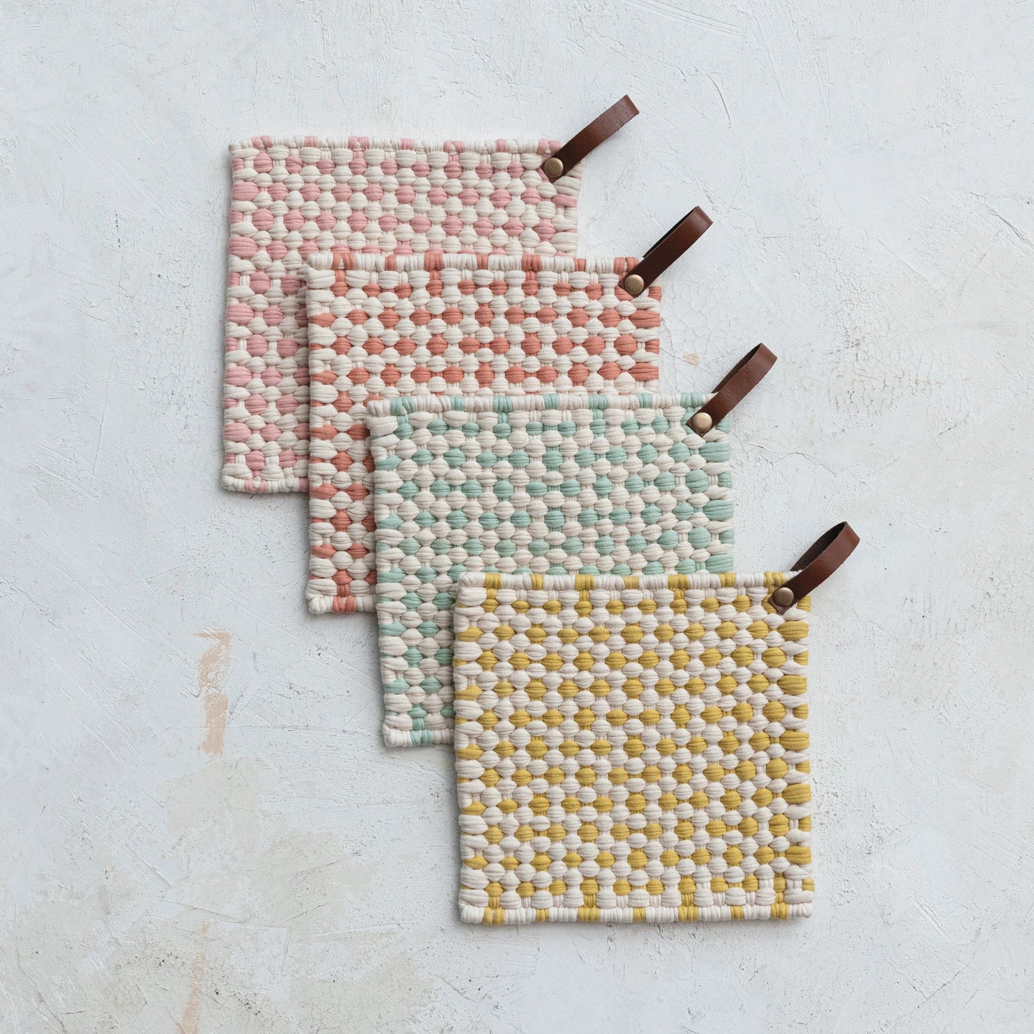Crocheted Cotton Pot Holder with Leather Hoop | Pastel Collection