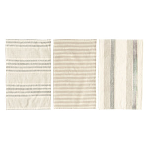 set of 3 striped grey and tan cotton tea towels
