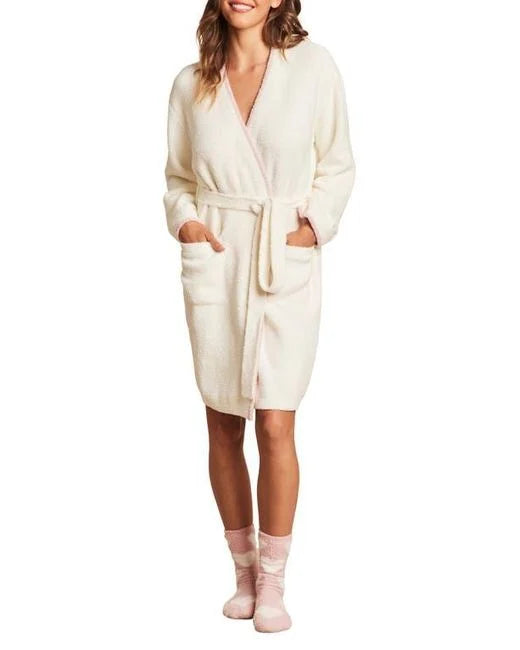 Model wearing Amore cozychic bathrobe. Barefoot Dreams. 
