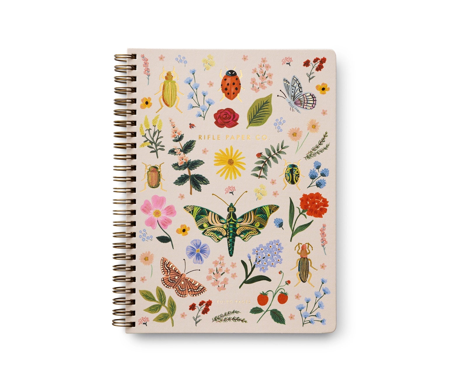 Notebook with floral and insect illustrations on a white background. Rifle Paper Co. 