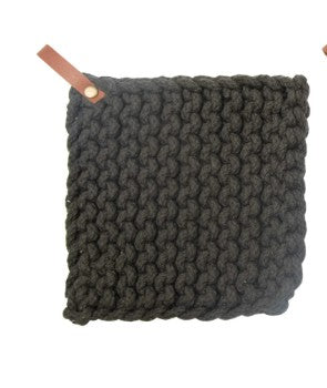 Dark gray pot holder with a brown leather strap on a white background. 