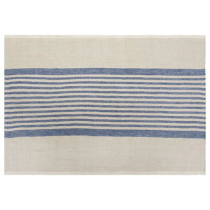 Natural linen and denim blue striped towel displayed horizontally on a white background. 