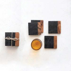 black marble and acacia wood coasters set of four