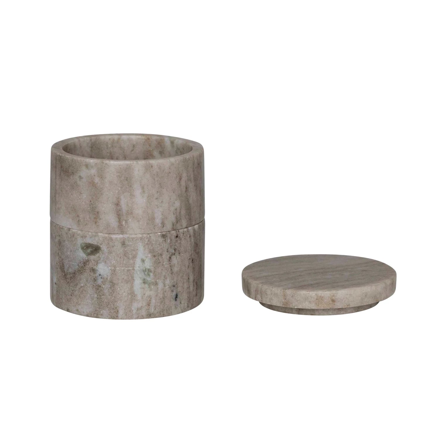 Beige marble stacking salt and pepper pots with lid. 