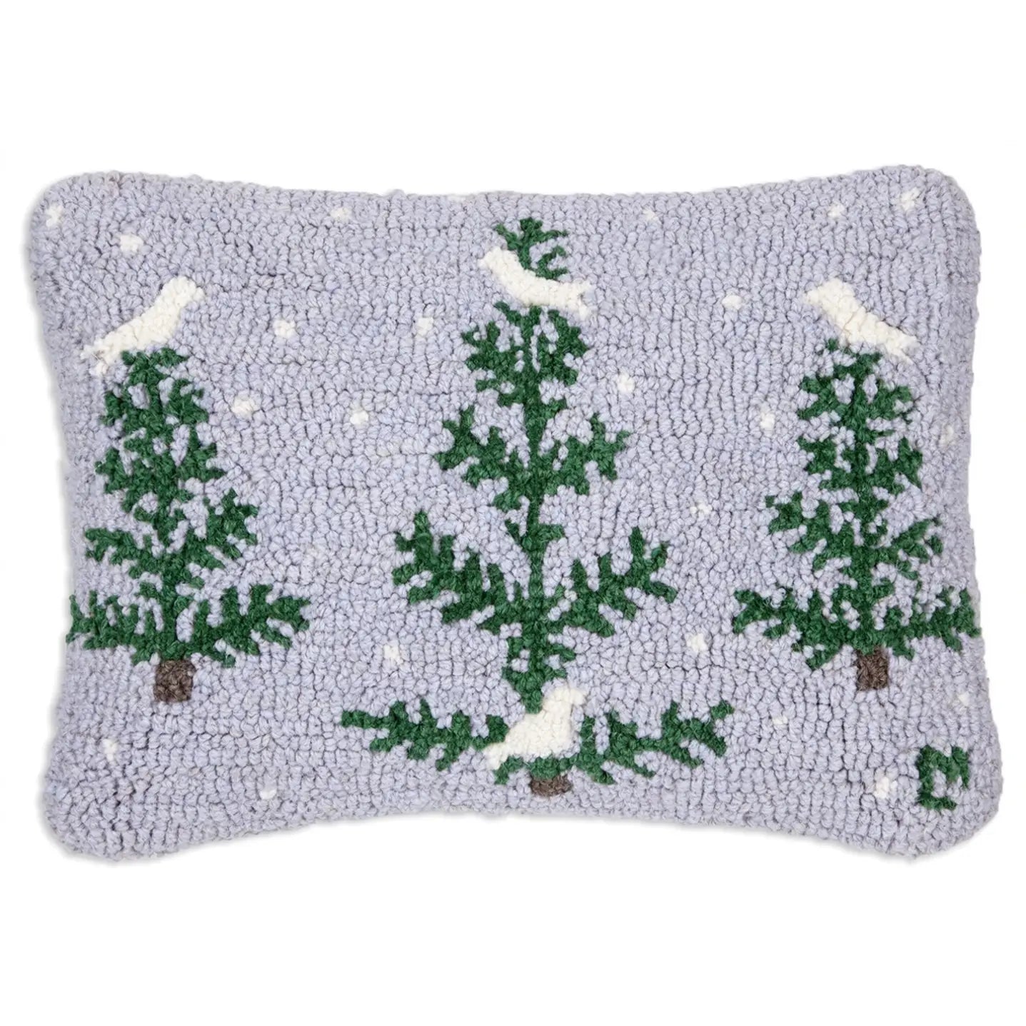 A rectangular hand-hooked decorative pillow featuring three green pine trees with white birds and snow on a light lavender background.