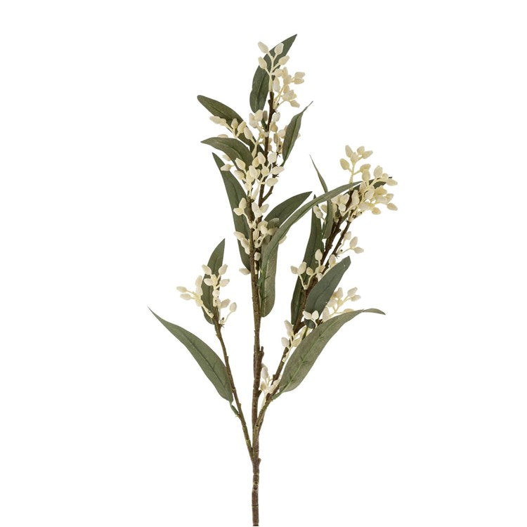 Faux individual flowering eucalyptus branch with white flowers.