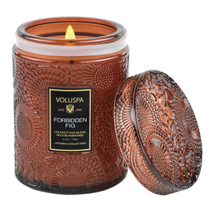 5.5 ounce embossed glass jar candle from Voluspa in scent Forbidden Fig. 
