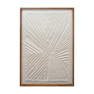 Close up of textured paper mache art in a sunburst pattern, with an oak wood frame.