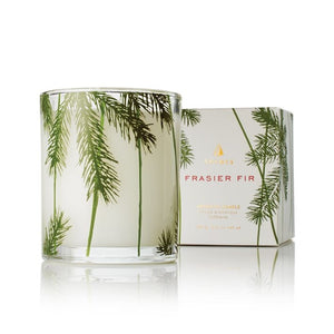 6.5 oz Frasier Fir holiday candle. Green pine needle glass jar design. 