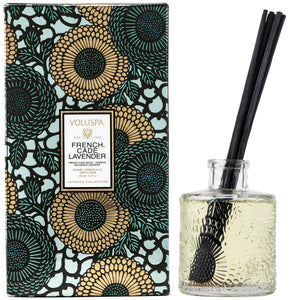 French Cade Lavender diffuser with decorative box featuring floral patterns. Voluspa. 