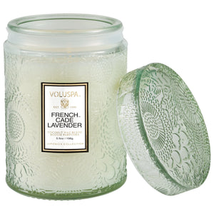 5.5 ounce French Cade Lavender etched glass candle. Voluspa. 