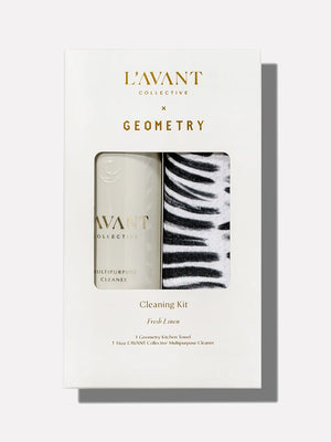 L'Avant Collective x Geometry cleaning kit  in Fresh Linen scent packaged on a white background