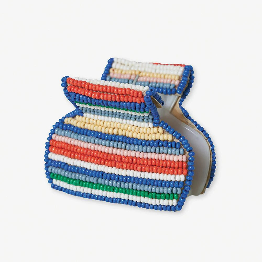 Mini retro multicolored glass beaded hair claw clip. Striped pattern. Ink & Alloy. 