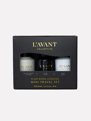 Three L'Avant mini bottles in a black box, dish soap, hand soap, and multicleaner spray.