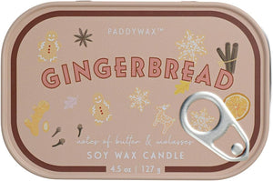 Paddywax Gingerbread soy wax candle in a round tin with a pull tab, featuring a dusty pink label with gingerbread illustrations and the text 'GINGERBREAD notes of butter & molasses'.