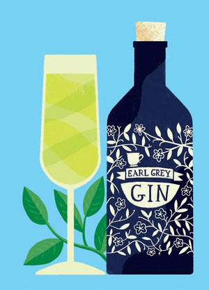 Bottle of Earl Grey Gin with a glass of gin and tonic on a blue background