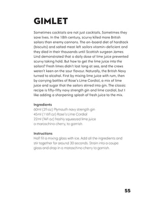 Page from a book or magazine with text about the history of gimlet cocktails and a recipe.