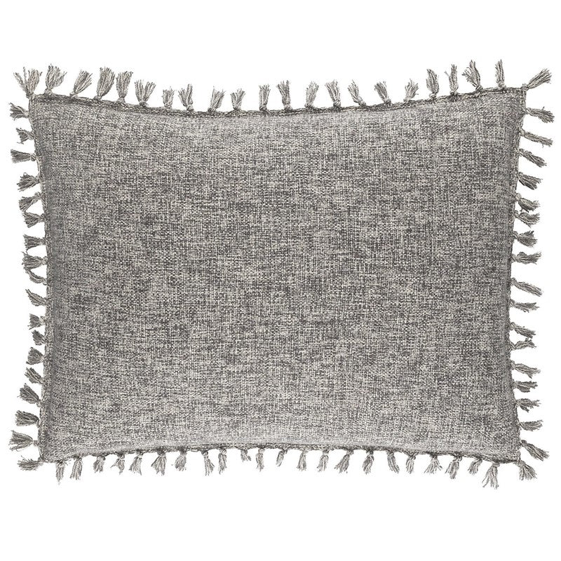 gray pillow with a tassel fringe