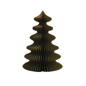 Fifteen inch dark green honeycomb paper tree in gold glitter. 