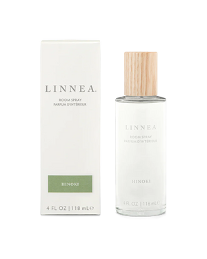 LINNEA room spray in Hinoki with packaging on a white background
