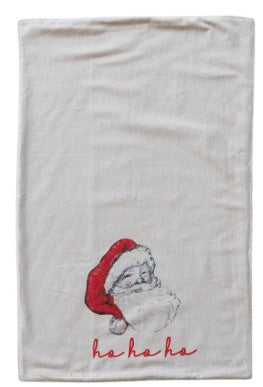cotton tea towel with Santa face wearing red hat and embroidered word "hohoho" at the bottom. 