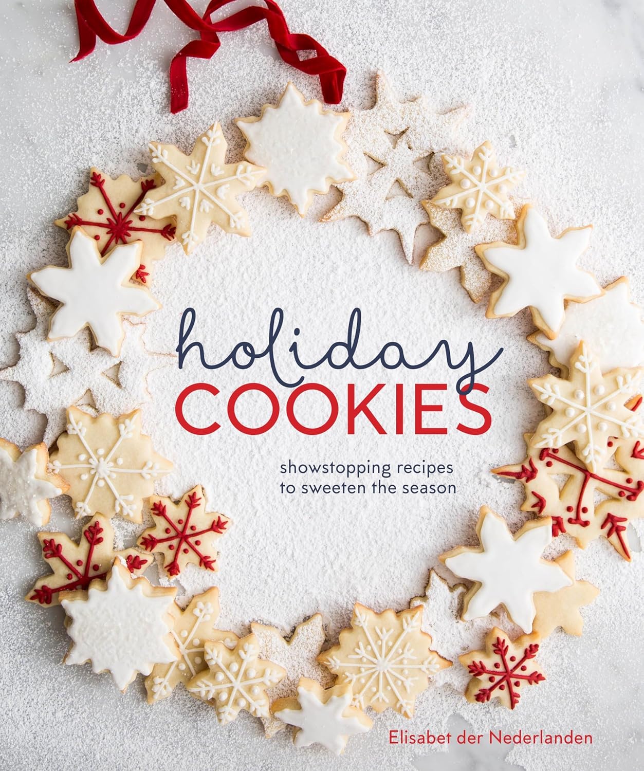 Book cover of 'Holiday Cookies' with decorative cookies and red ribbons on a light background