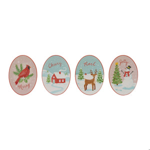Four oval Christmas-themed decorative pieces shown side by side on a white background: a cardinal with 'Merry' text, a snowy house with 'Cherry' text, a deer with 'Noel' text, and a snowman with 'Jolly' text.