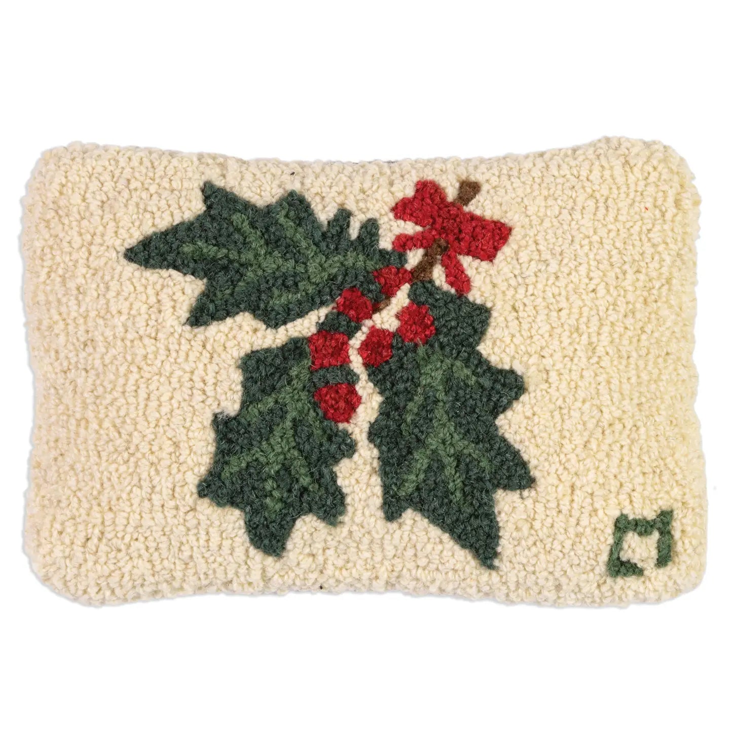 Decorative wool lumbar pillow with holly design on a white background. Chandler 4 Corner.
