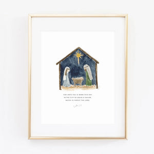 Watercolor art print of Nativity scene. Emily Lex. 