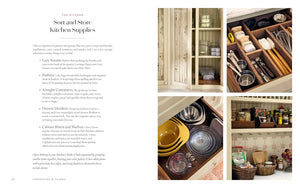 A two-page interior design spread titled 'Sort and Store Kitchen Supplies' with text on the left and three kitchen storage photos on the right showing shelves, drawers, and countertop organization.