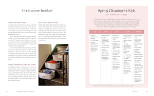 A printed page spread with text and a pink table titled 'Spring Cleaning for Kids,' plus a small photo of a child organizing items in a closet. This is not a product-only photo and not a lifestyle scene centered on a sellable product, so the best fit is Other.