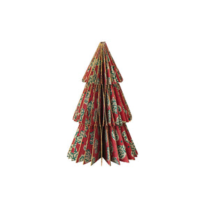 Individual decorative paper Christmas tree with a red and green vintage pattern on a white background