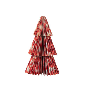 A pleated, tiered Christmas tree decoration made from red and white holiday plaid patterned paper, shown against a solid white background.