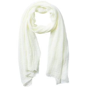 A lightweight, semi-sheer white gauze scarf with a crinkled texture, styled in a loop on a solid white background.