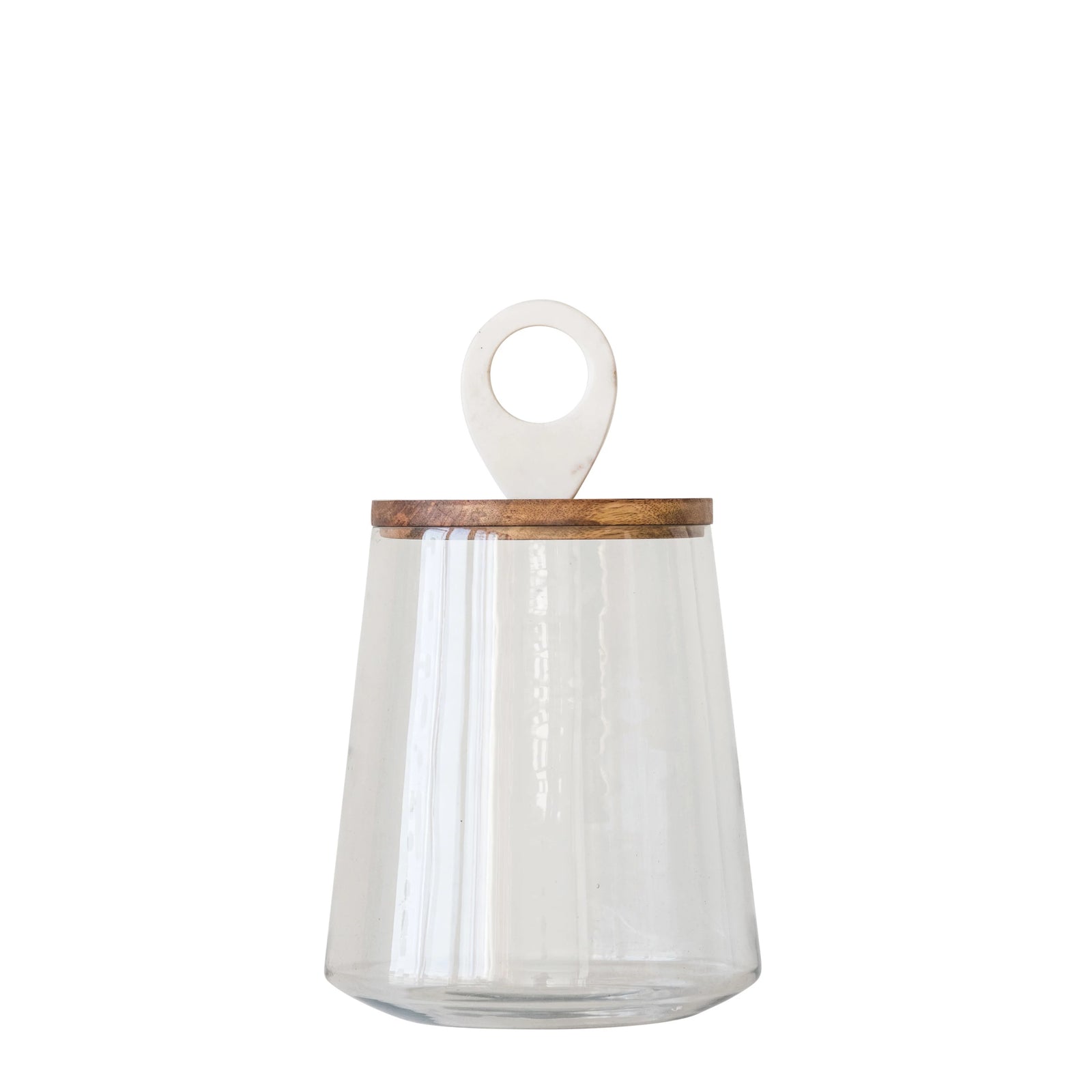 glass jar with wood and marble lid 
