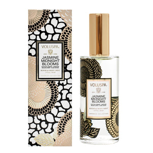 Voluspa Jasmine Midnight Blooms room and body mist with packaging on a white background.