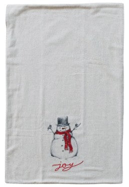 cotton tea towel with snowman wearing red scarf and embroidered word "joy" at the bottom. 