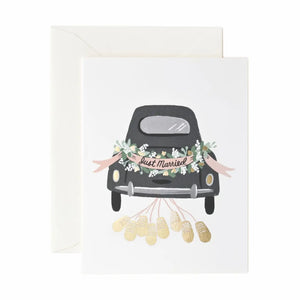 Card with a black car illustration and 'Just Married' text on a white background.