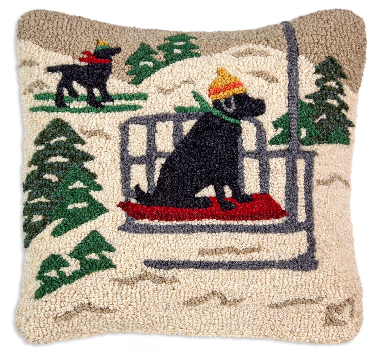 Hooked wool pillow with black lab dogs on ski lift. Dog lover's Christmas. Chandler 4 Corners. Sundance Catalog