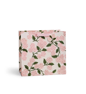 Large Pink hydrangea patterned gift bag product on a white background