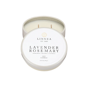 LINNEA Lavender Rosemary candle in a white tin on a white background